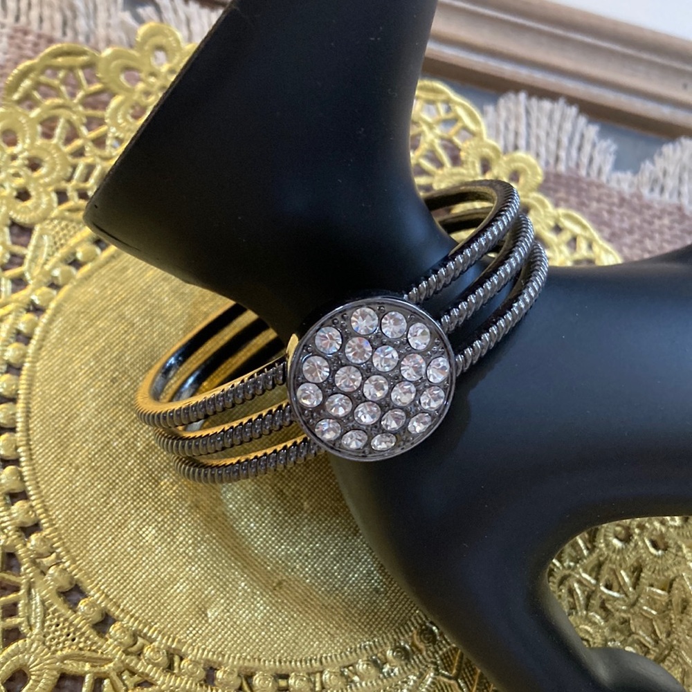 Vtg Dark Grey Roped Metal Band Rhinestone Bracelet